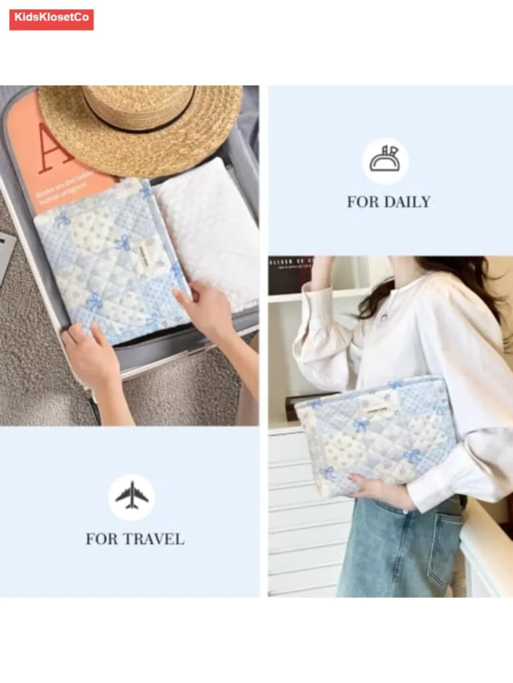 Quilted Canvas Cosmetic Bag Travel Makeup Pouch Zip Organizer